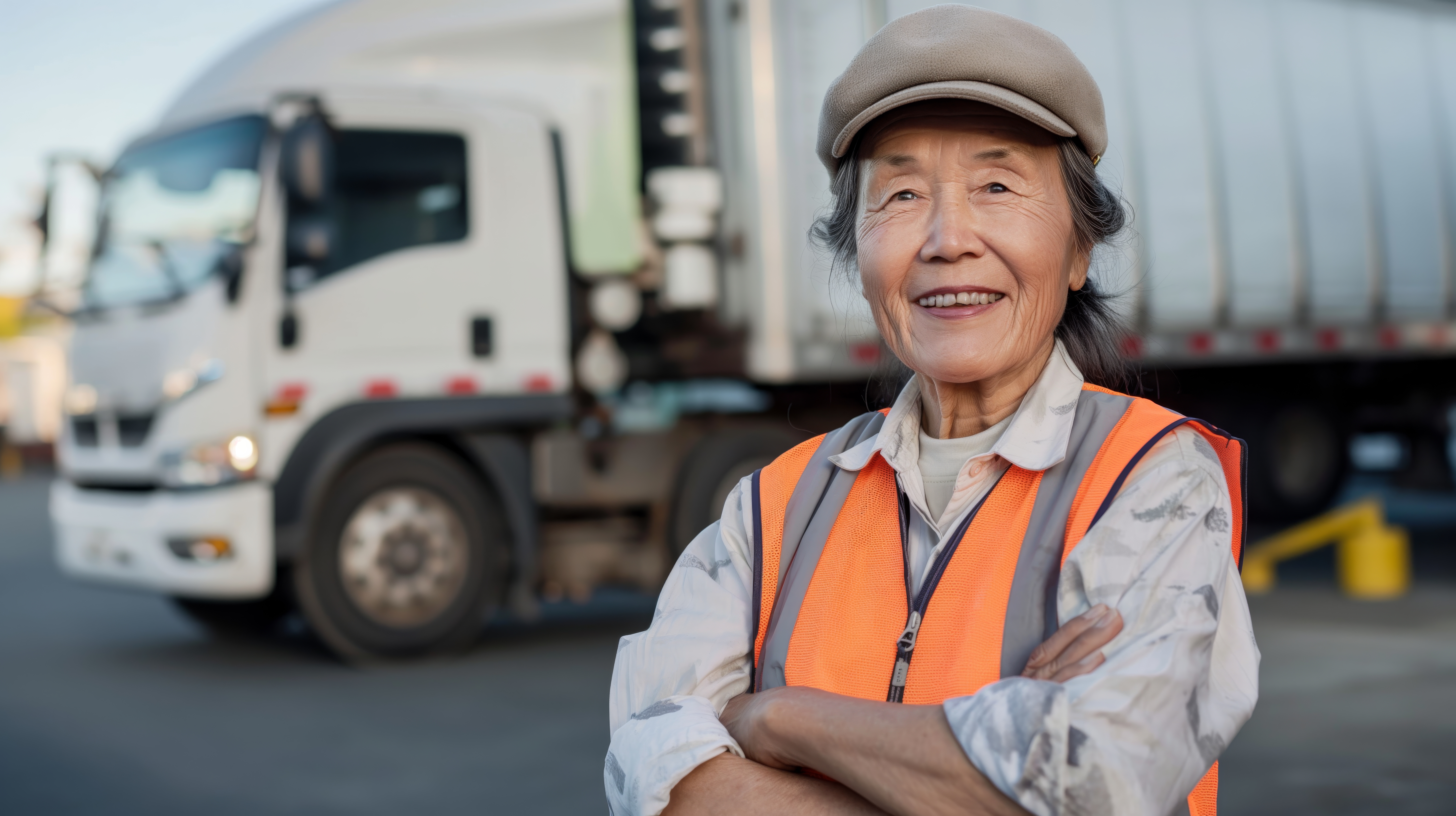 Confident Elderly Korean Woman in Safety Vest and Cap Standing Proudly in Front of a Truck Transportation and Workforce Diversity