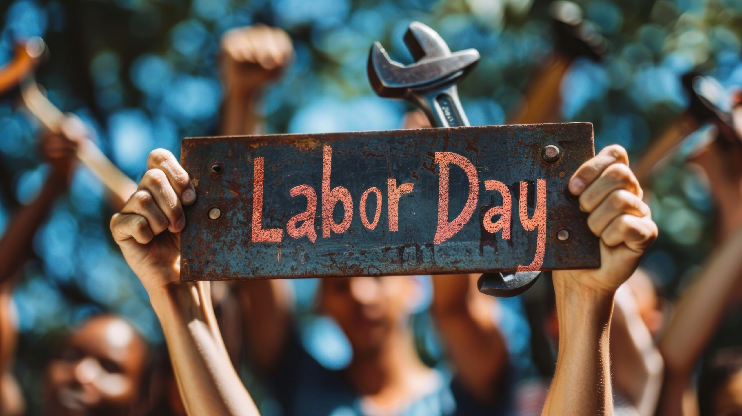A poster for Labor Day with a man holding a wrench