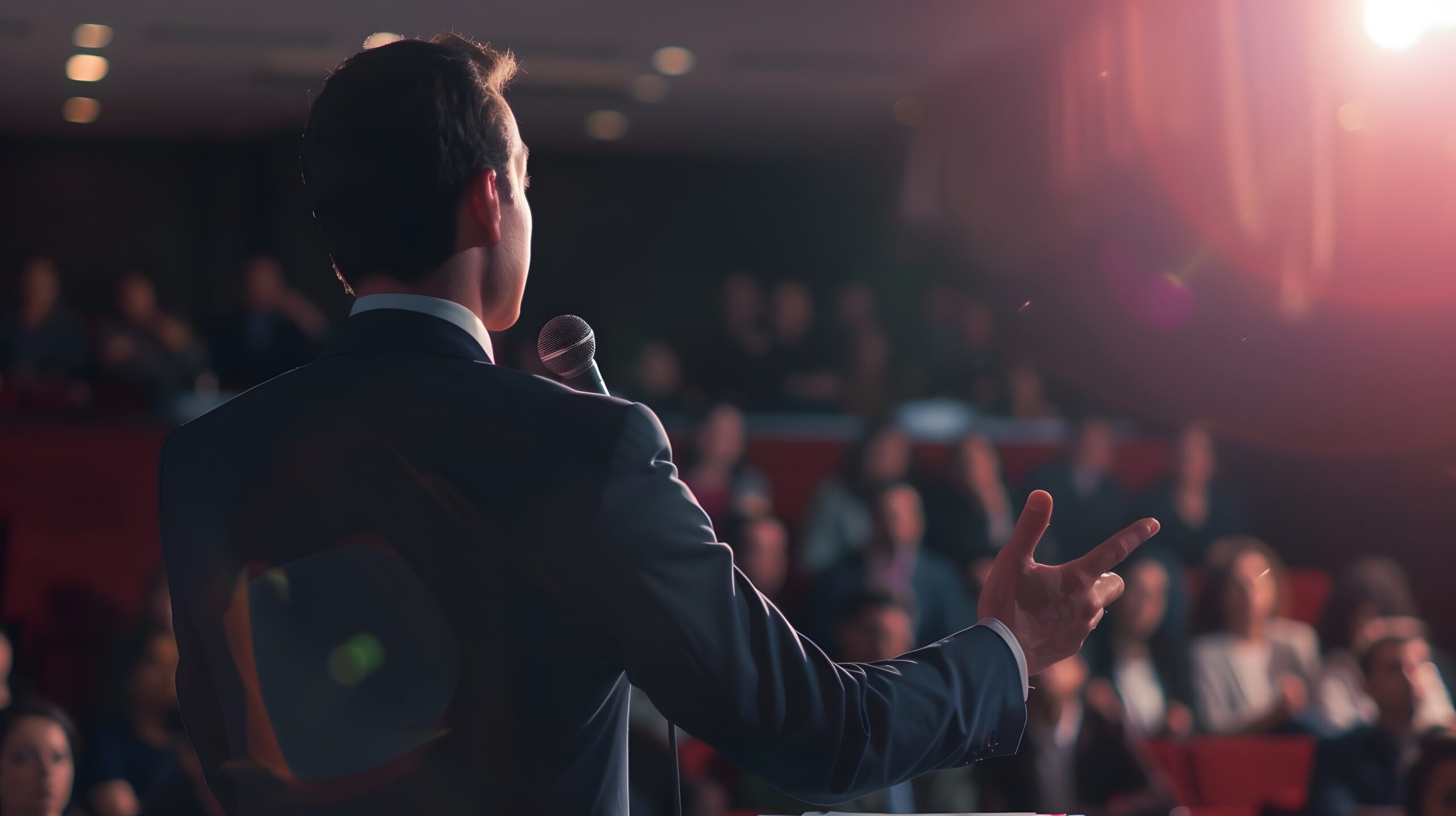 CEO delivers an impactful speech to a captivated audience at a corporate event.